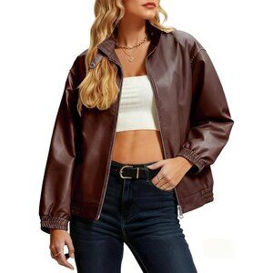 Women's Chocolate Faux Leather Stand Collar Double Zipper Casual Bomber Jacket